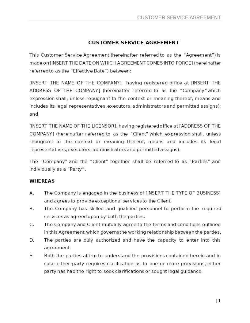 CUSTOMER SERVICE AGREEMENT