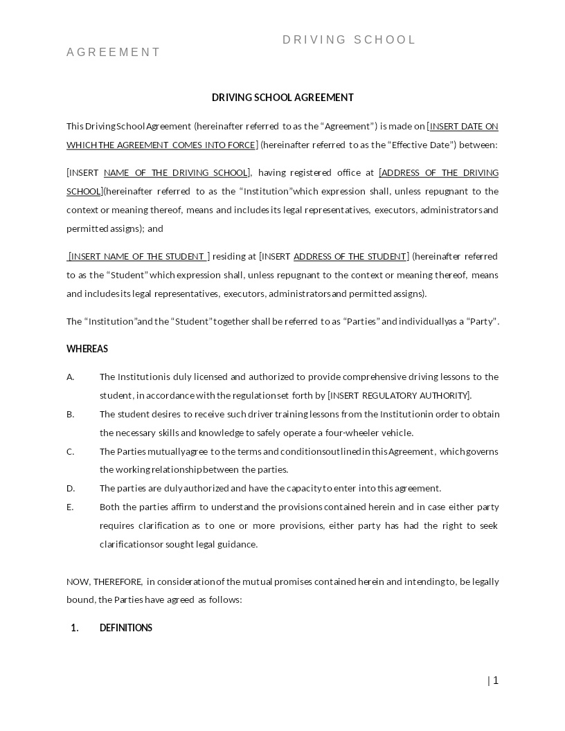 DRIVING SCHOOL AGREEMENT
