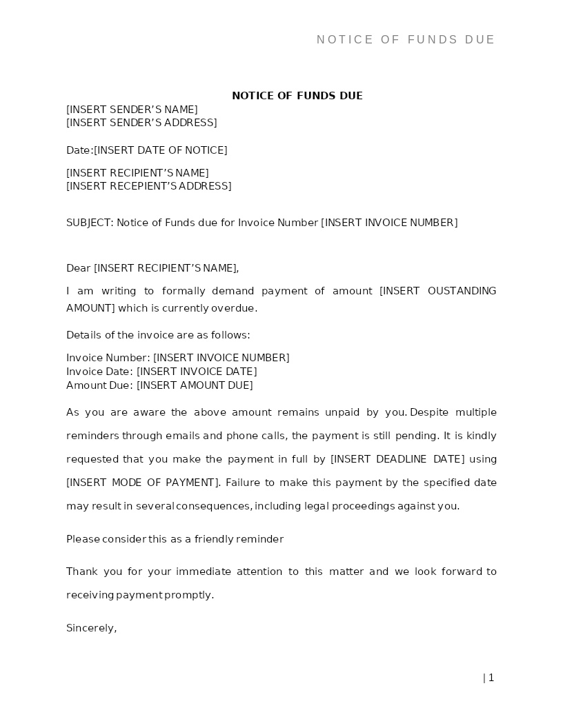 NOTICE OF FUNDS DUE