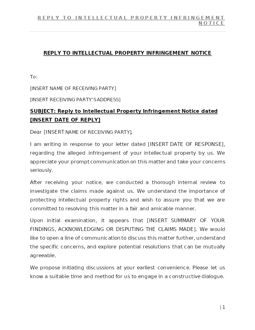 REPLY TO INTELLECTUAL PROPERTY INFRINGEMENT NOTICE