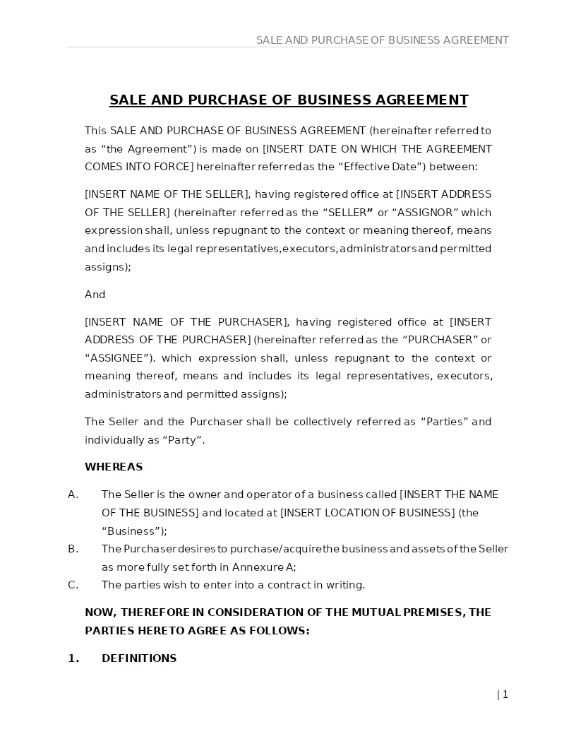 SALE AND PURCHASE OF BUSINESS AGREEMENT